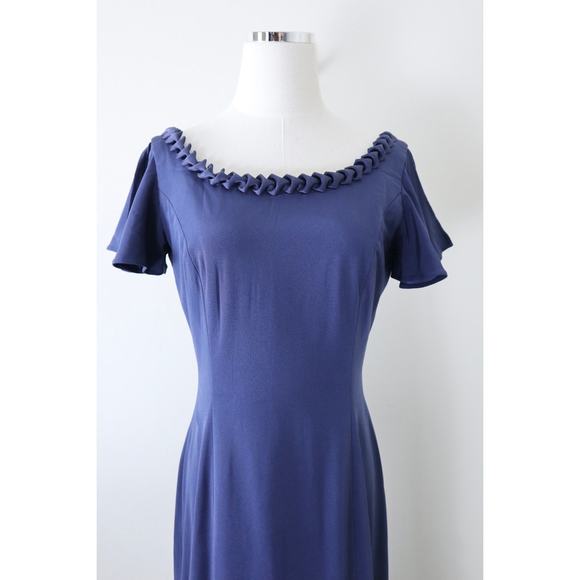 Roland Nivelais Size 6 100% Silk Sheath Cocktail Dress Pleated Hem Navy Blue - Picture 2 of 14